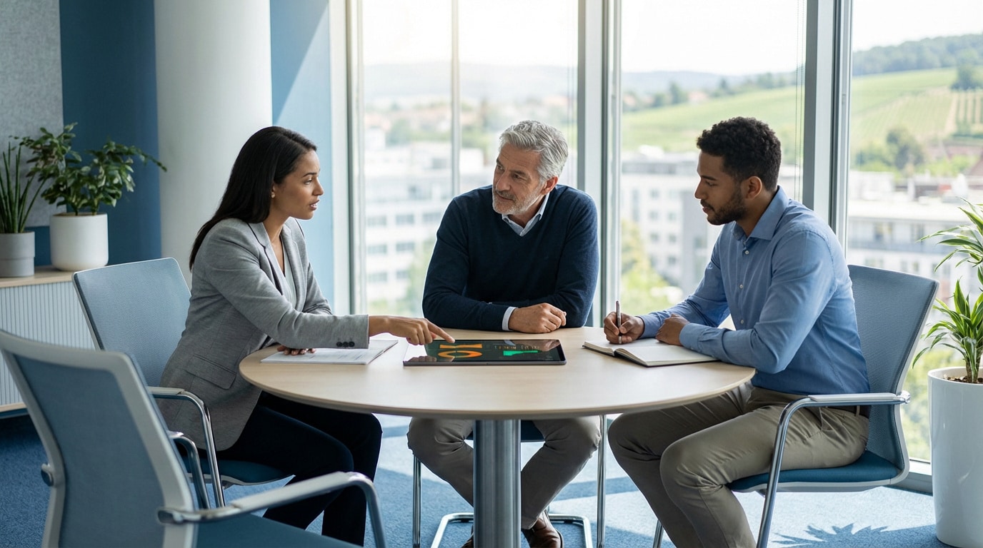 Trois consultants IES, dont une femme montrant des données sur tablette, en réunion stratégique dans un bureau lumineux.