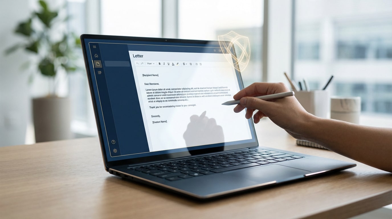 Main utilisant un stylet sur un écran d'ordinateur portable affichant un modèle de lettre formelle. Un bouclier lumineux est visible.