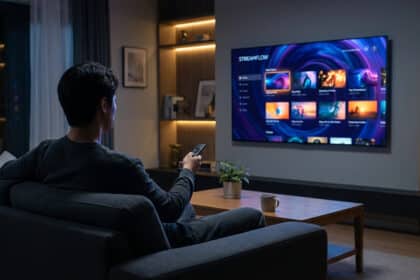 Un homme de dos utilise une télécommande pour naviguer sur une TV connectée affichant l'interface STREAMFLOW dans un salon moderne.