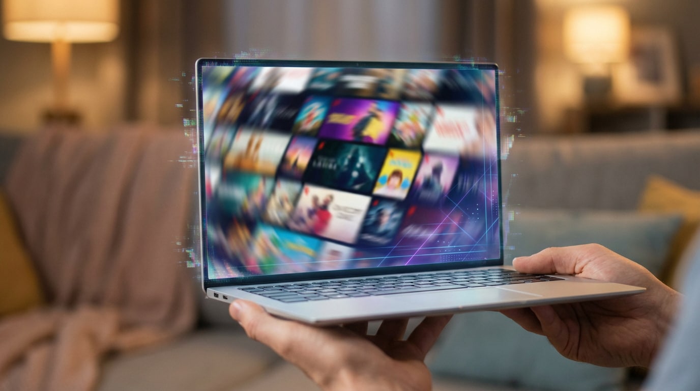 Mains tenant un ordinateur portable. L'écran affiche une grille floue de vignettes de films/séries. Effet numérique en arrière-plan flou d'un salon.