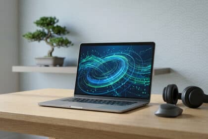 Un ordinateur portable gris sur un bureau en bois clair affiche un design abstrait bleu et vert. Une souris et un casque noir sont à côté. Un bonsaï est en arrière-plan.