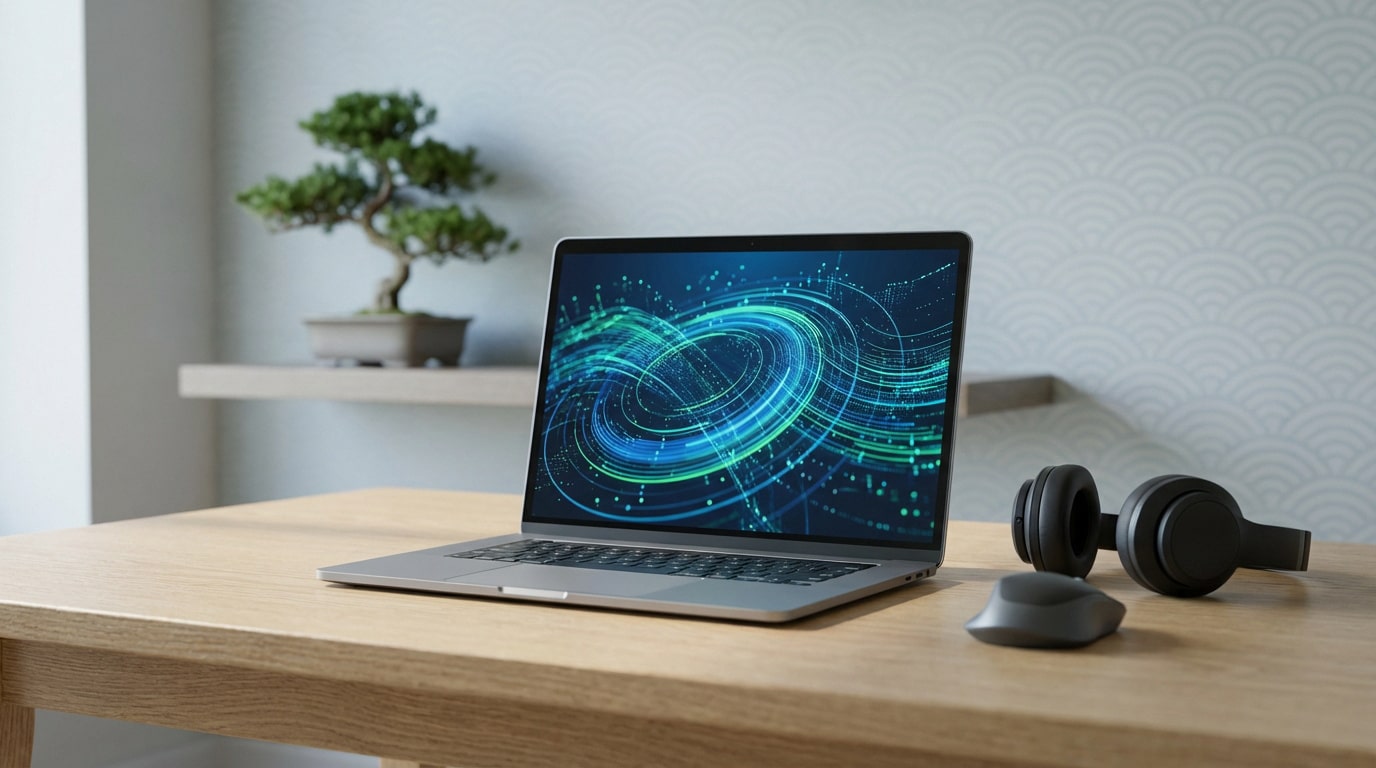 Un ordinateur portable gris sur un bureau en bois clair affiche un design abstrait bleu et vert. Une souris et un casque noir sont à côté. Un bonsaï est en arrière-plan.