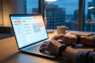Personne tapant sur un ordinateur portable affichant une interface webmail avec la boîte de réception et des icônes de paramètres, sur un bureau. En arrière-plan, une ville nocturne.