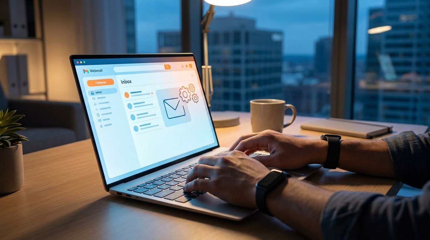 Personne tapant sur un ordinateur portable affichant une interface webmail avec la boîte de réception et des icônes de paramètres, sur un bureau. En arrière-plan, une ville nocturne.