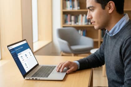 Jeune homme concentré utilisant un ordinateur portable pour se connecter à un portail étudiant, dans un environnement moderne.