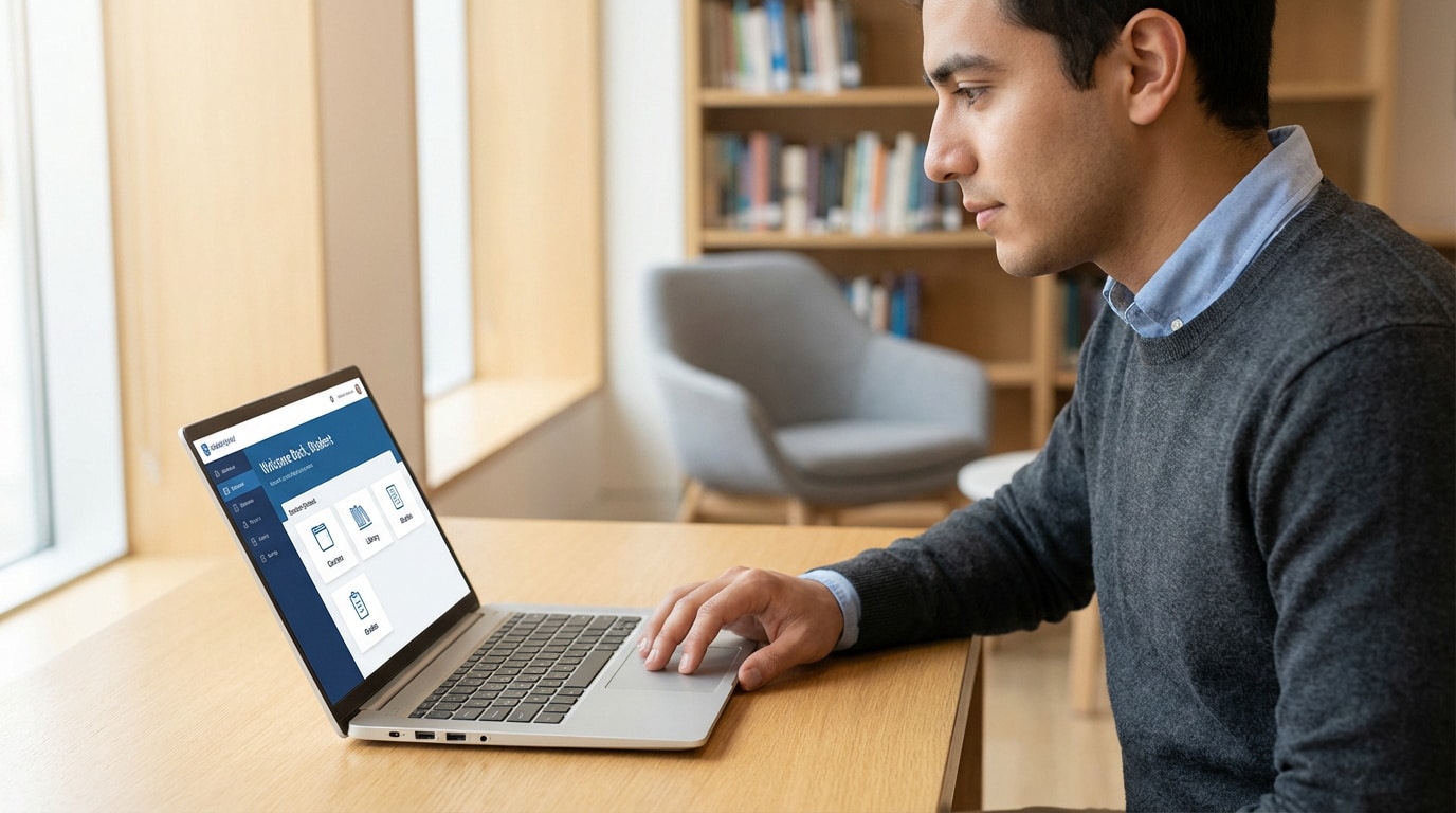 Jeune homme concentré utilisant un ordinateur portable pour se connecter à un portail étudiant, dans un environnement moderne.