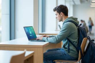Jeune étudiant concentré utilise un laptop dans une bibliothèque, l'écran montre un cadenas vert de connexion sécurisée et réussie.