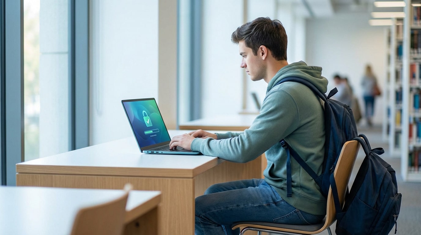 Jeune étudiant concentré utilise un laptop dans une bibliothèque, l'écran montre un cadenas vert de connexion sécurisée et réussie.