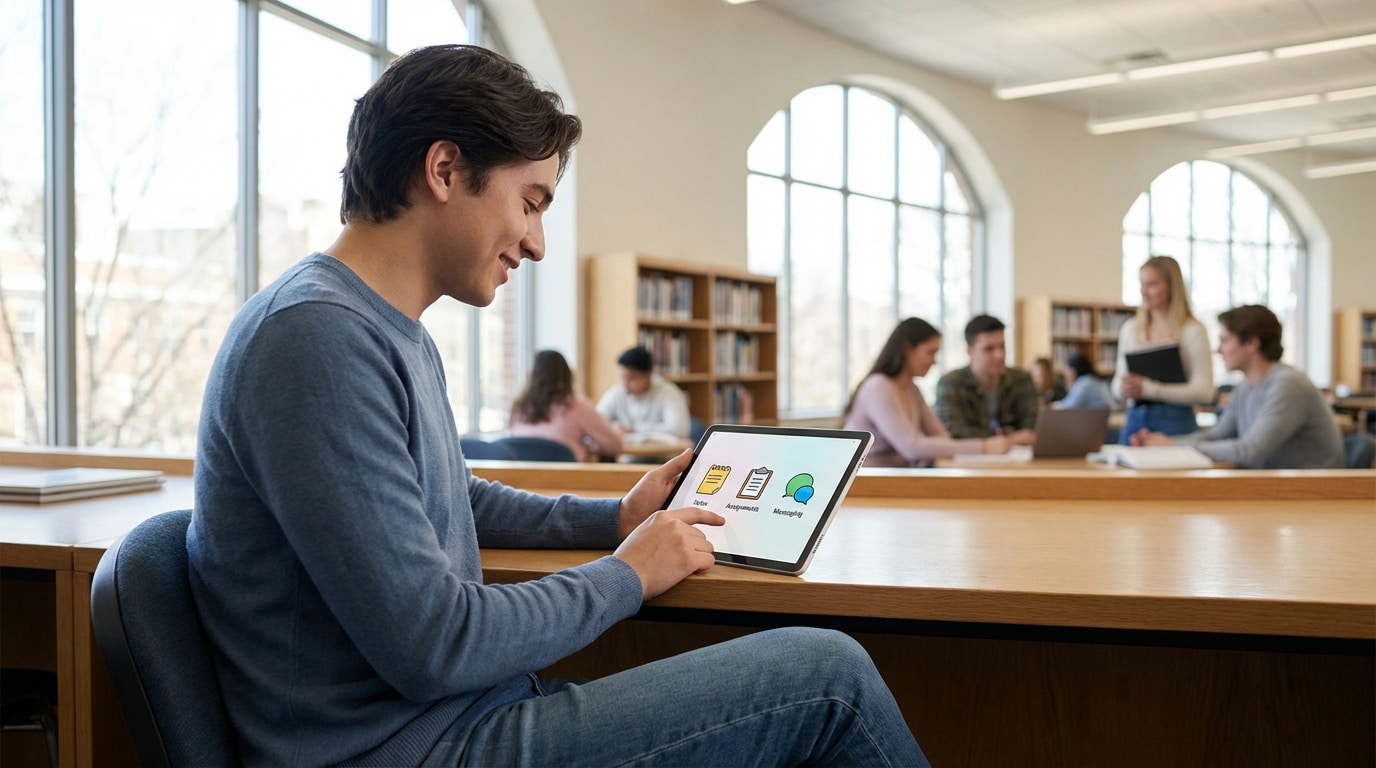 Jeune homme souriant utilisant une tablette affichant des icônes éducatives dans une bibliothèque, entouré d'autres étudiants.