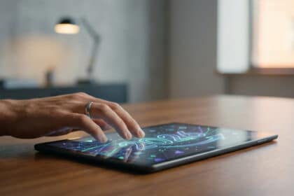 Main tapant sur une tablette affichant un hologramme futuriste "2026" lumineux. Symbolise l'anticipation numérique.