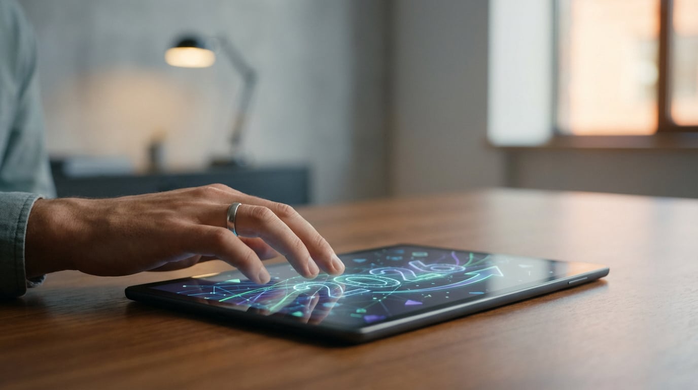 Main tapant sur une tablette affichant un hologramme futuriste "2026" lumineux. Symbolise l'anticipation numérique.