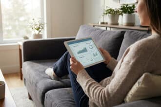 Femme sur un canapé utilisant une tablette pour gérer ses finances, avec des graphiques financiers. Scène intérieure confortable.