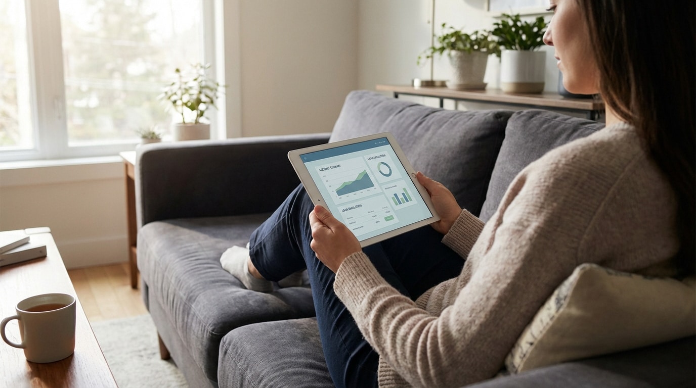 Femme sur un canapé utilisant une tablette pour gérer ses finances, avec des graphiques financiers. Scène intérieure confortable.