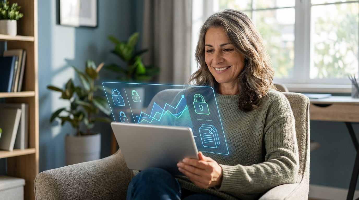 Femme souriante dans un fauteuil, utilisant une tablette. Un écran virtuel affiche cadenas, graphique et documents pour accès sécurisé.