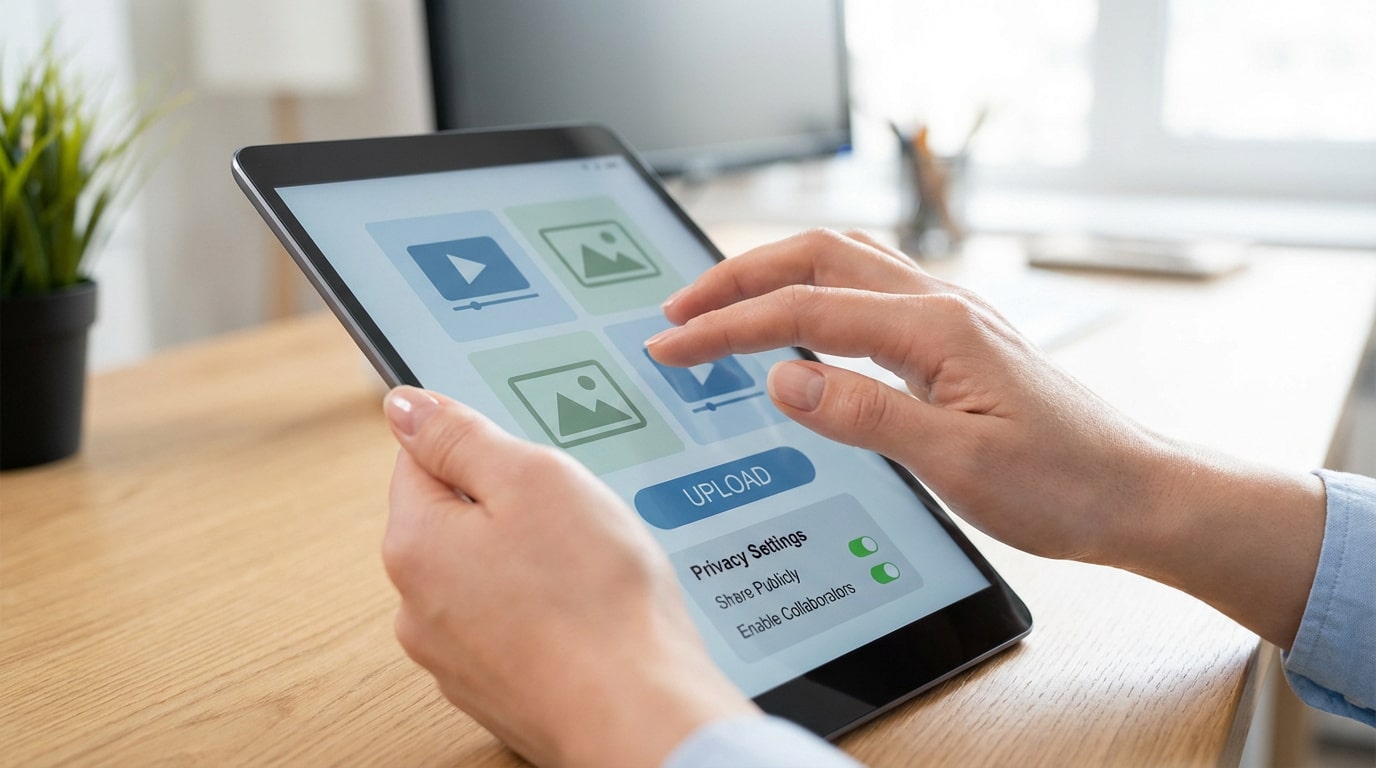 Mains utilisant une tablette affichant une interface d'upload de contenu avec des options de vidéo, image et paramètres de confidentialité.