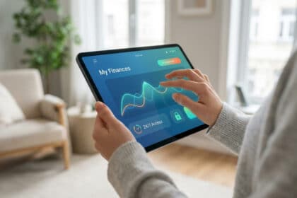 Une personne navigue sur une tablette affichant une application de gestion financière avec graphiques, indiquant "My Finances" et "24/7 Access".