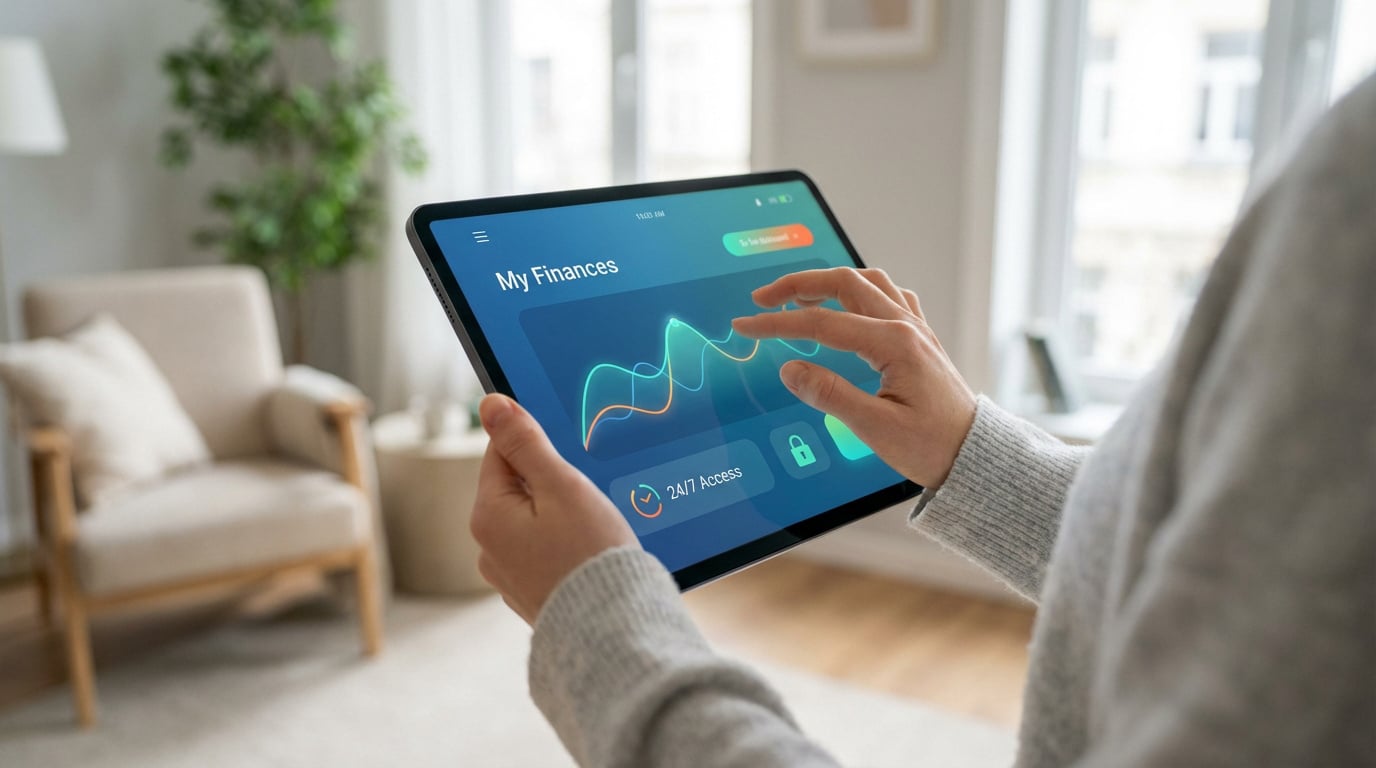 Une personne navigue sur une tablette affichant une application de gestion financière avec graphiques, indiquant "My Finances" et "24/7 Access".