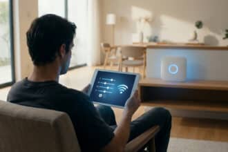 Un homme gère sa maison connectée et son réseau Wi-Fi Freebox depuis une tablette, avec un boîtier Freebox en arrière-plan.