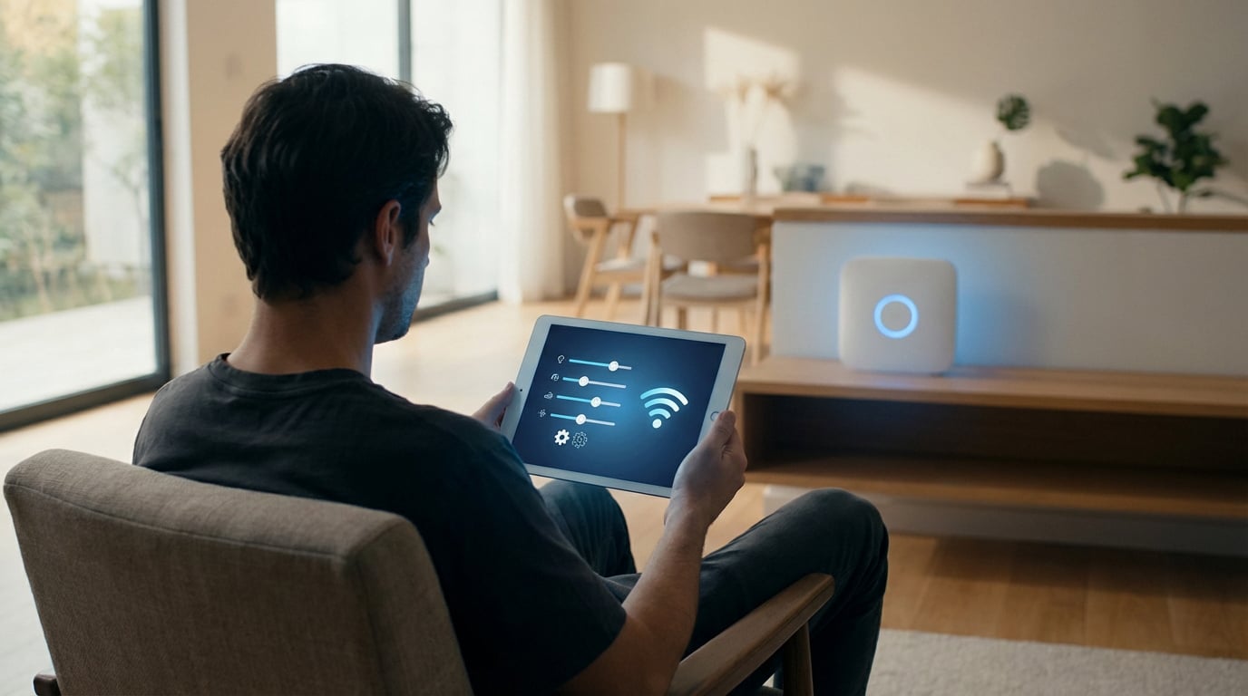 Un homme gère sa maison connectée et son réseau Wi-Fi Freebox depuis une tablette, avec un boîtier Freebox en arrière-plan.