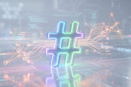 Symbole hashtag 3D lumineux (bleu, vert, violet) sur fond numérique futuriste avec des lignes de données et des interconnexions abstraites.