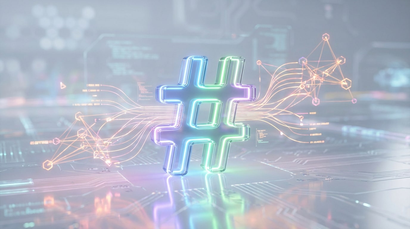 Symbole hashtag 3D lumineux (bleu, vert, violet) sur fond numérique futuriste avec des lignes de données et des interconnexions abstraites.