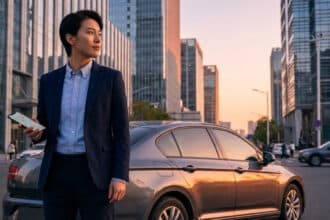 Un jeune homme asiatique en costume bleu tenant un smartphone avec une carte, debout près d'une voiture grise en ville au coucher du soleil.