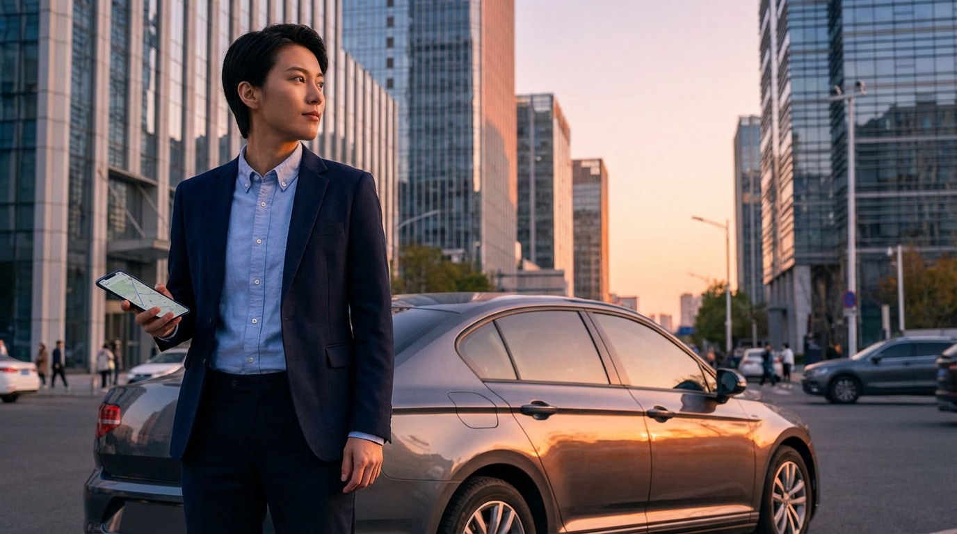 Un jeune homme asiatique en costume bleu tenant un smartphone avec une carte, debout près d'une voiture grise en ville au coucher du soleil.