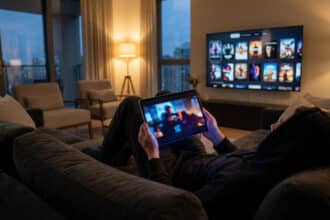 Personne allongée sur un canapé, regardant une vidéo sur une tablette. Une grande télévision affiche des vignettes de films en arrière-plan.