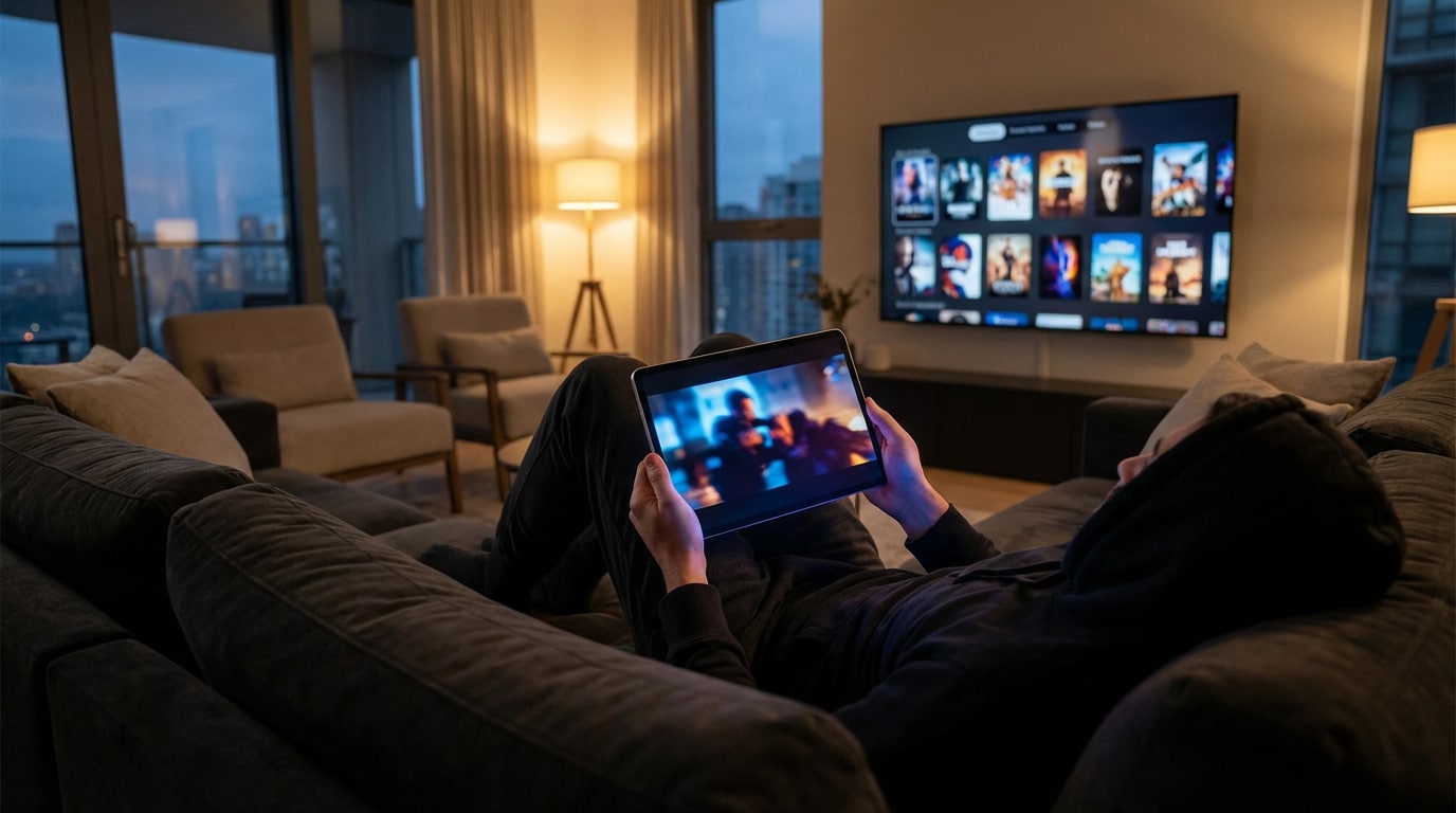 Personne allongée sur un canapé, regardant une vidéo sur une tablette. Une grande télévision affiche des vignettes de films en arrière-plan.
