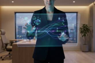 Femme en costume interagissant avec une interface holographique affichant des données et icônes de sécurité dans un bureau moderne.