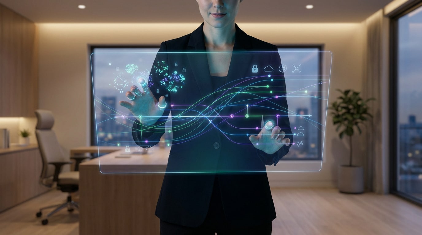 Femme en costume interagissant avec une interface holographique affichant des données et icônes de sécurité dans un bureau moderne.