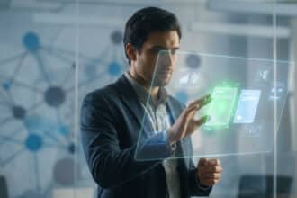 Un homme élégant interagit avec un écran holographique transparent affichant des données dans un environnement de bureau moderne.