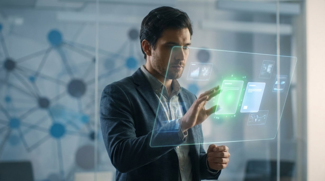 Un homme élégant interagit avec un écran holographique transparent affichant des données dans un environnement de bureau moderne.
