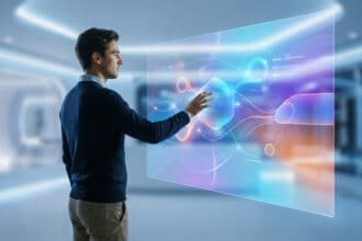 Un homme en pull bleu interagit avec un écran transparent et lumineux. Il touche une interface holographique affichant des données abstraites.