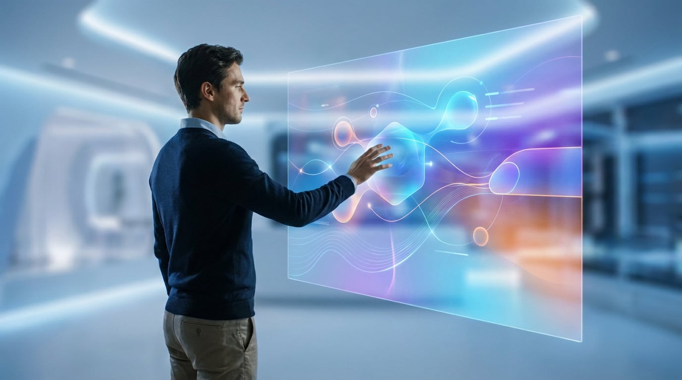 Un homme en pull bleu interagit avec un écran transparent et lumineux. Il touche une interface holographique affichant des données abstraites.
