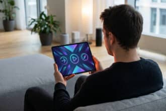 Homme assis sur un canapé, tenant une tablette affichant des icônes de navigation (flèche, lecture, boussole) sur fond abstrait.