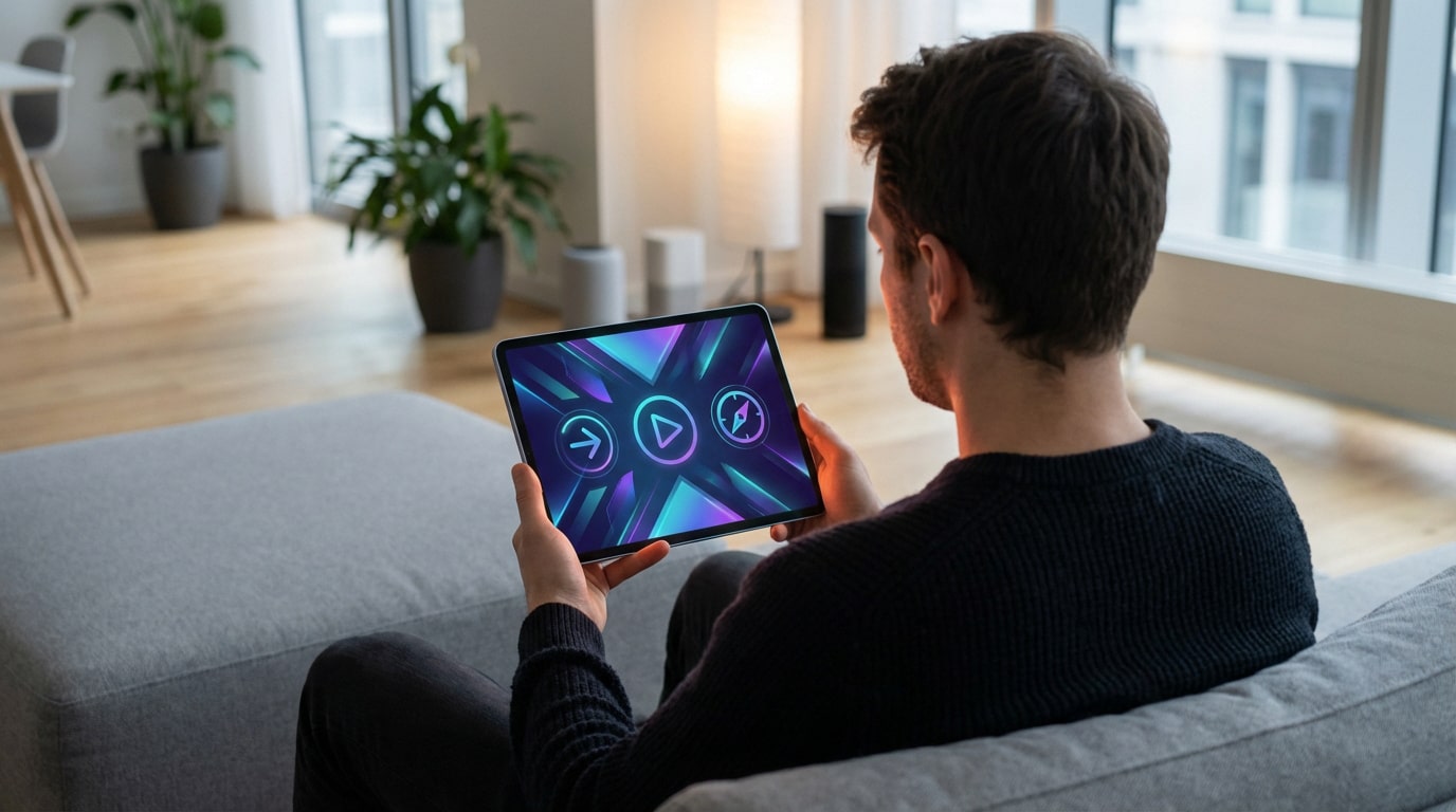 Homme assis sur un canapé, tenant une tablette affichant des icônes de navigation (flèche, lecture, boussole) sur fond abstrait.