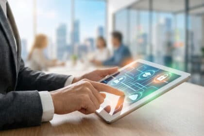 Personne en costume naviguant sur une tablette tactile avec des icônes de connexion et sécurité dans un bureau moderne.