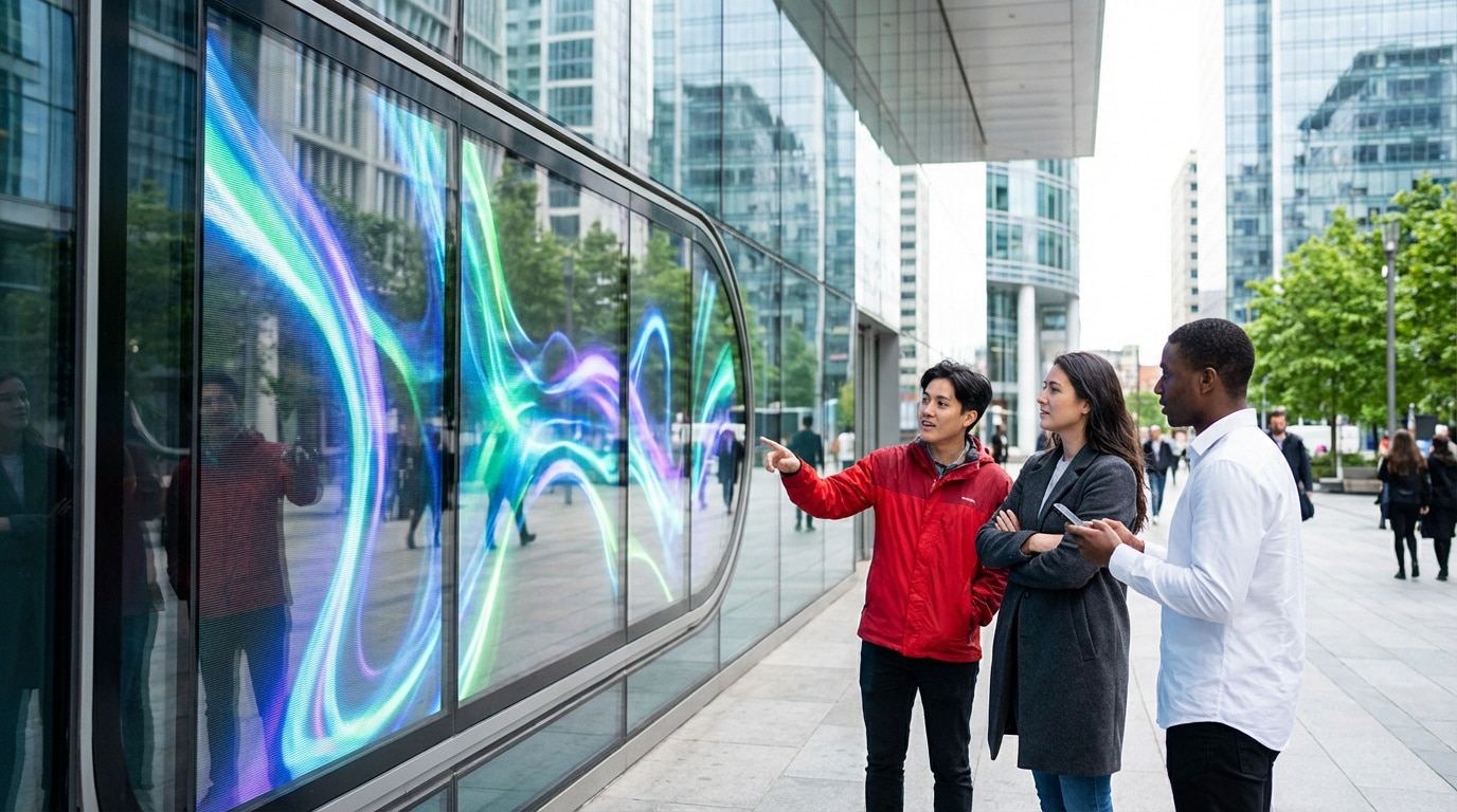 Trois personnes discutent devant un écran numérique géant affichant des motifs lumineux vibrants dans un cadre urbain moderne.