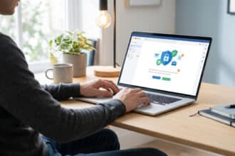 Homme tapant sur un laptop affichant une interface de messagerie sécurisée avec des icônes de bouclier et cadenas.
