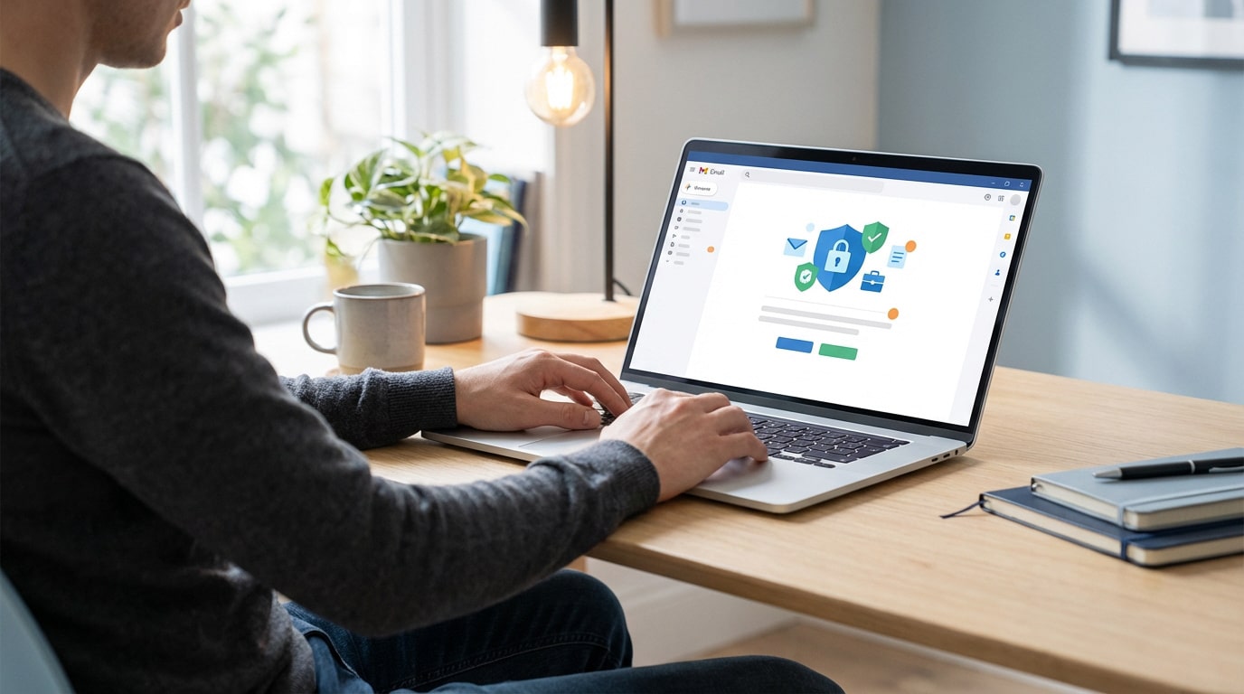 Homme tapant sur un laptop affichant une interface de messagerie sécurisée avec des icônes de bouclier et cadenas.