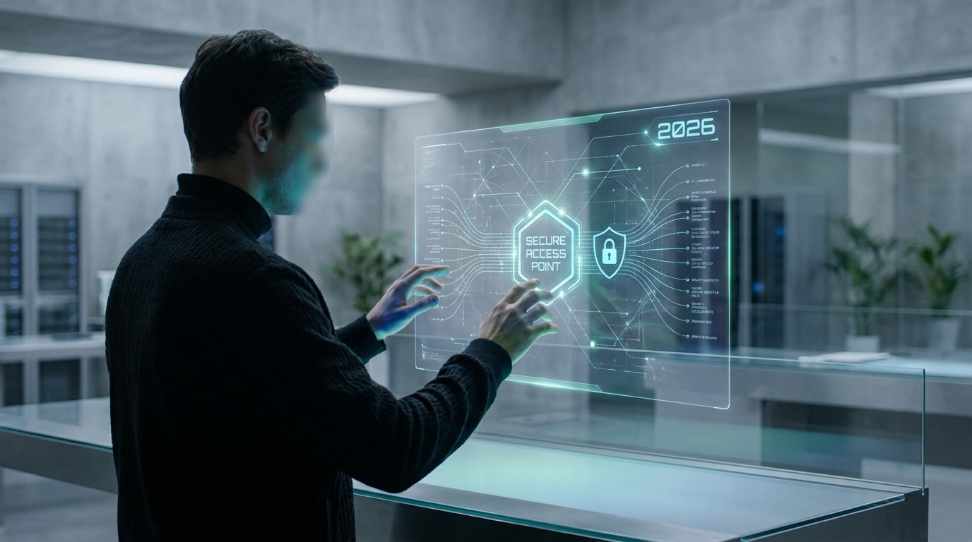 Un homme interagit avec un écran holographique affichant un réseau sécurisé, un point d'accès et l'année 2026. Ambiance futuriste.