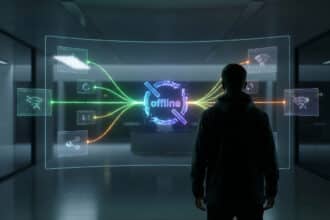 Vue de dos d'une personne devant un écran holographique affichant le mot 'offline', des icônes réseau et Wi-Fi barré.