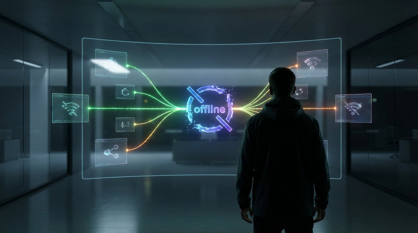 Vue de dos d'une personne devant un écran holographique affichant le mot 'offline', des icônes réseau et Wi-Fi barré.