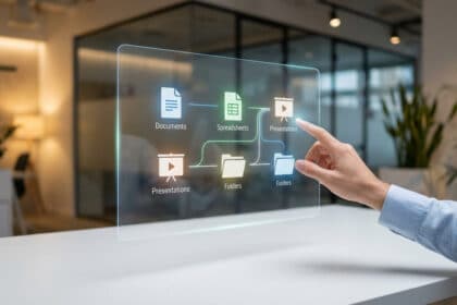 Main interagissant avec une interface holographique affichant des icônes de documents, tableurs, présentations et dossiers dans un bureau moderne.