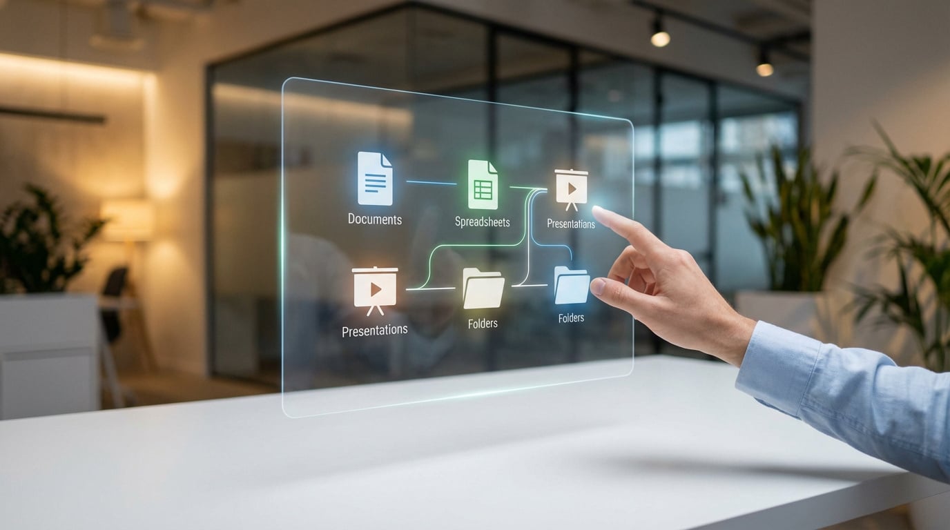 Main interagissant avec une interface holographique affichant des icônes de documents, tableurs, présentations et dossiers dans un bureau moderne.