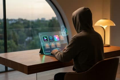 Personne encapuchonnée utilise une tablette holographique affichant des alertes de sécurité et un cadenas vert. Vue sur ville au crépuscule.