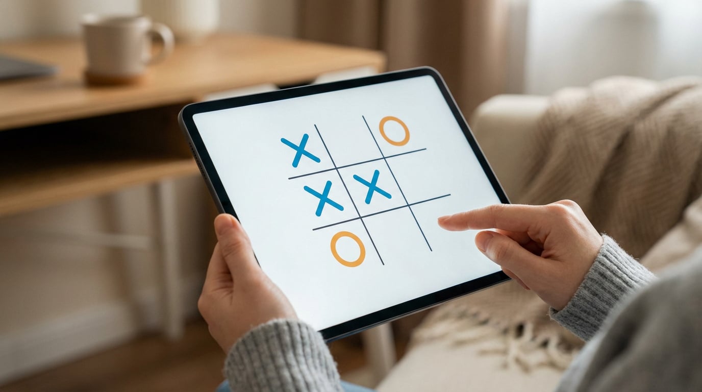 Personne jouant au morpion sur une tablette. Un doigt s'apprête à taper l'écran affichant des X bleus et des O orange.