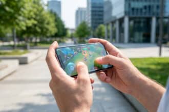 Deux mains tiennent un smartphone affichant un jeu vidéo aux graphismes colorés, en extérieur dans un environnement urbain.