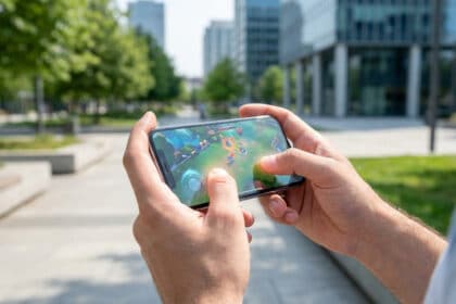 Deux mains tiennent un smartphone affichant un jeu vidéo aux graphismes colorés, en extérieur dans un environnement urbain.